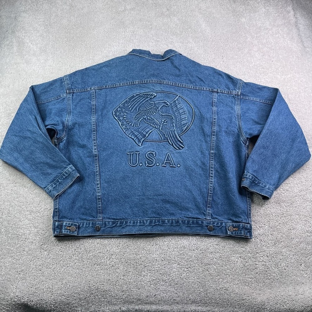 Vintage Tyca Denim Jacket Men 2XL XXL Blue Embossed Bald Eagle American Flag USA
